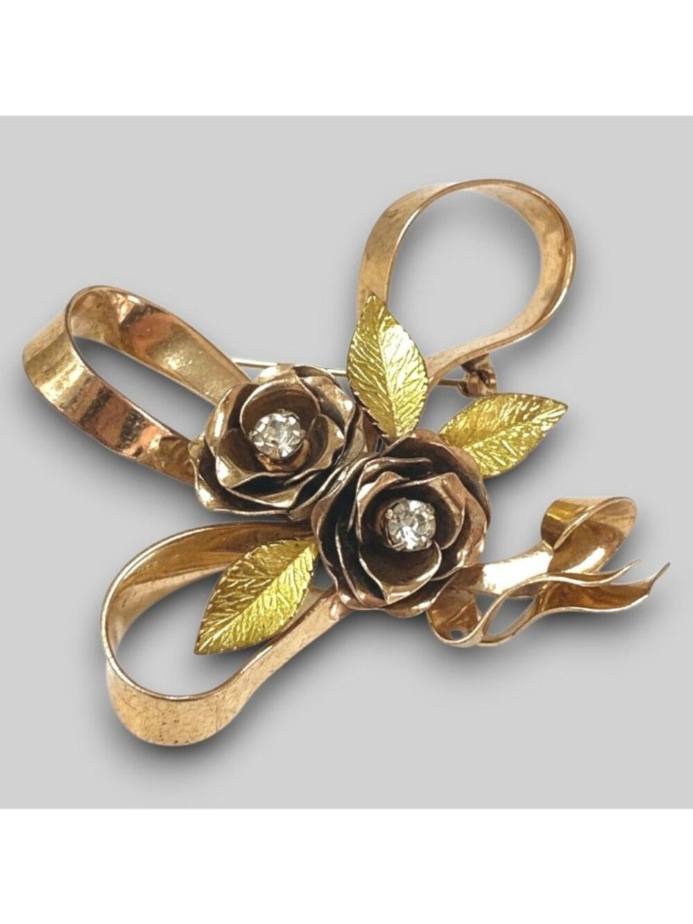 Vintage Coro 12K Gold Filled Rose Ribbon Bow Brooch - Rhinestone Floral Pin - Re
